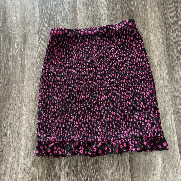 The Kooples Ditsy Flower Black Pink Floral Smocked Mini Skirt Size 1‎ Ruffle Hem - Picture 13 of 16